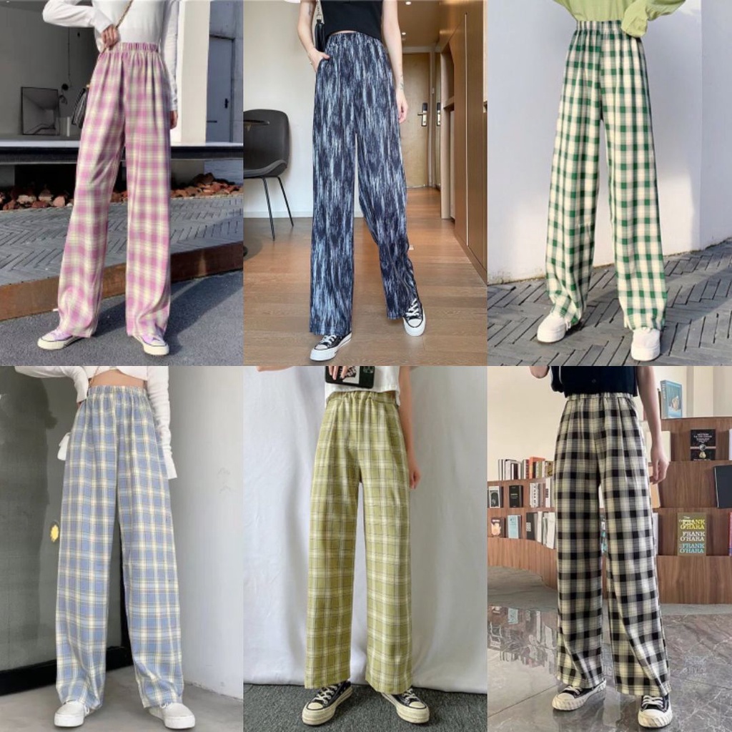 🌟30สี พร้อมส่ง🌟 กางเกงขายาว ลายสก็อต ผ้าหนังไก่ ขายาวเกาหลี รุ่นฮิต #355