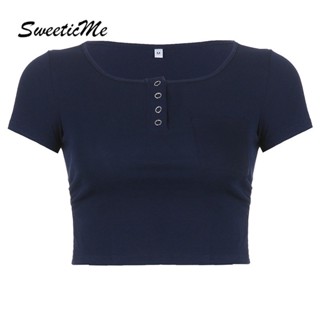 Sweeticme ใหม่ เสื้อยืดลําลอง แขนสั้น ผ้าถัก เข้ารูป สีพื้น เซ็กซี่ แฟชั่นสําหรับสตรี 2022