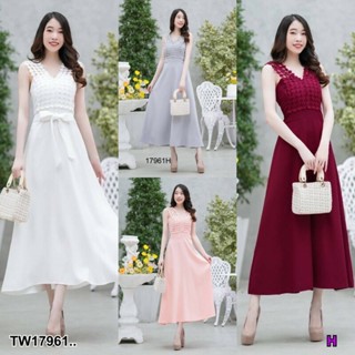 KT17961 Maxi dress คอวีแต่งสายลูกไม้ กระโปรงทรงบาน มีซิปซ่อนด้านหลัง มีโบว์ผูกเอว(ปรับระดับเอวได้) งานสวยหรู ดีไซน์เกร๋ๆ