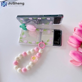 Jusheng เคสโทรศัพท์มือถือ PC แบบแข็ง ลายดอกทิวลิป สีชมพู พร้อมขาตั้ง สําหรับ Samsung Z Flip4 Z Flip3