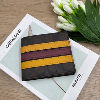 กระเป๋าสตางค์ชาย มีไส้ Coach 3008 3 In 1 Wallet In Signature Canvas w Varsity Stripe Mahogany น้ำตาลเข้ม ลายซี คาดเหลือง