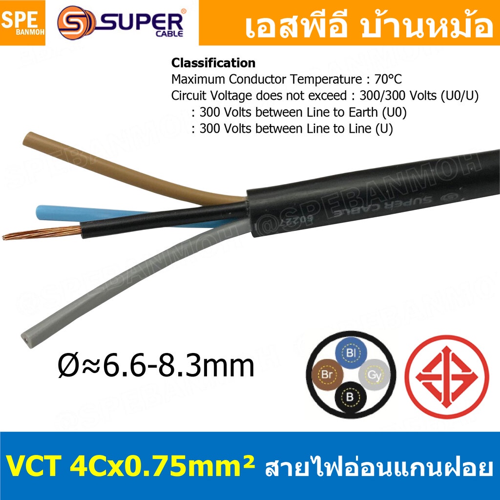 [ 2 เมตร ] VCT-4x0.75 สาย VCT 4C X 0.75 sq.mm สายอ่อน 4 คอร์ Size 0.75 sq.mm VCT AC Power Cable สายไฟ AC สายปลั๊ก IEC...