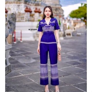 พร้อมส่ง jumpsuit สีน้ำเงินลายไทยประยุกต์ bt 10-00031