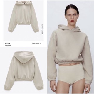 Zara cropped hoodie สีเบจครีมและขาว size:L อก46 ยาว20