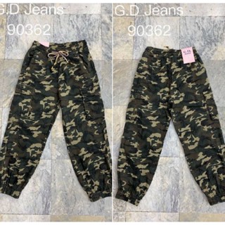 G.D.Jeans 90362#กางเกงขายาวลายผ้ายืดทหารเอวยางยืดฟรีไซร์ทรงบอย