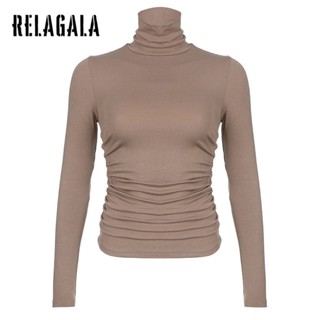 Relagala เสื้อยืด คอสูง แขนยาว เข้ารูป สีพื้น แฟชั่นสําหรับผู้หญิง