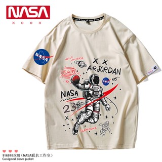 เสื้อยืดแขนสั้น ผ้าฝ้าย ทรงหลวม ลาย NASA สไตล์สปอร์ต สําหรับผู้ชาย