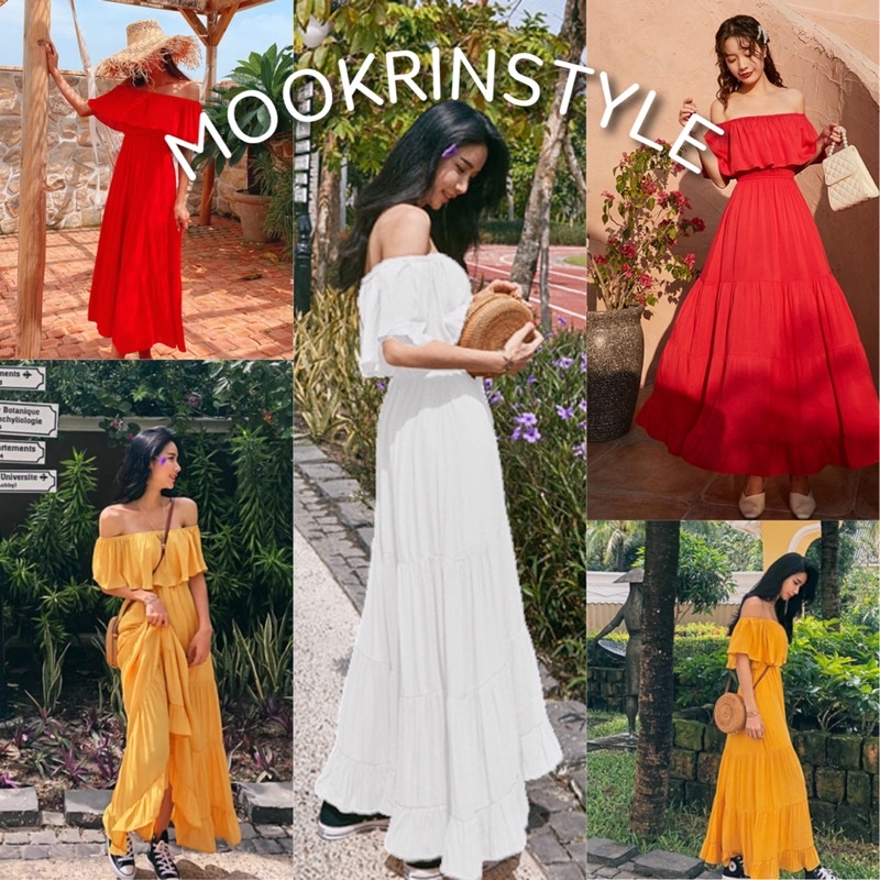 Mookrinstyle พร้อมส่ง เดรสปาดไหล่กระโปรงยาว มีซับด้านใน งานสวย พริ้ว ใส่ไปทะเล