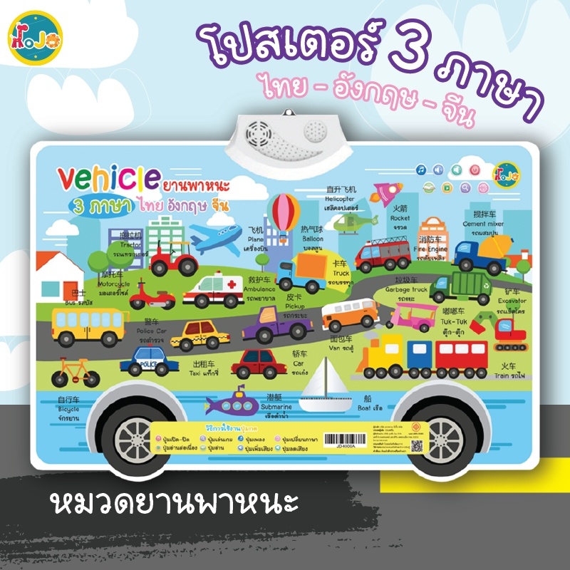 โปสเตอร์พูดได้ 3 ภาษา ไทย จีน อังกฤษ รุ่นยานพาหนะ กดแล้วมีเสียง ร้องเพลง เล่นเกมส์ได้ ของเล่นเด็ก เสริมพัฒนาการ