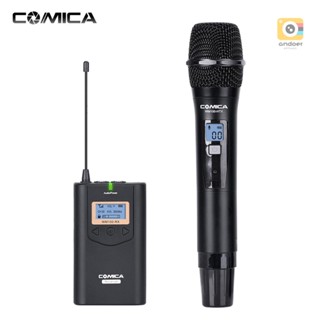 Comica CVM-WM100H ระบบไมโครโฟนไร้สาย UHF 48 ช่อง ระยะ 328 ฟุต ระดับเสียง 16 ระดับ เรียลไทม์ พร้อมตัวรับส่งสัญญาณ กระเป๋าพกพา XLR และสายเคเบิลเอาท์พุต 3.5 มม.