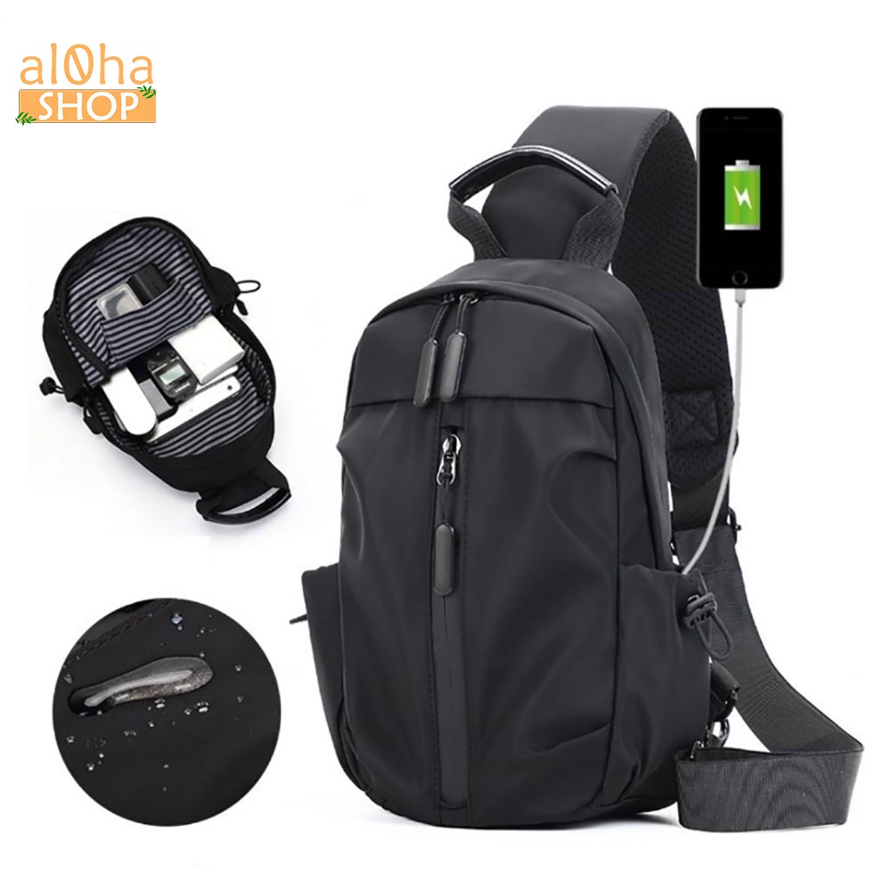 กระเป๋าสะพายข้างพื้นฐานกันน้ํา ผ้าโพลีเอสเตอร์ สายชาร์จ USB ในตัวสําหรับผู้ชายและผู้หญิง unisex - al