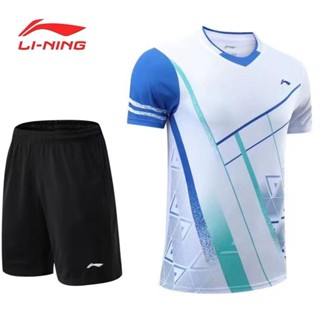 LI NING เสื้อกีฬาแบดมินตันแขนสั้น ระบายอากาศได้ดี แบบแห้งเร็ว สําหรับผู้ชาย และผู้หญิง