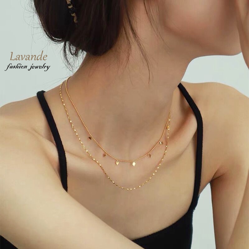 LAVINDE ขนาดเล็กสองชั้นสร้อยคอสแตนเลส 18K Gold Plated Clavicle Chain ไทเทเนียมเหล็กไม่ซีดจาง High-En