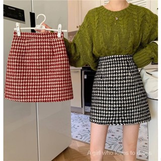 💕พร้อมส่ง💕 กระโปรงครึ่งตัว, กระโปรงผ้าวูล houndstooth ผู้หญิง, กระโปรงเอวสูงใส่แล้วดูผอม SK5887