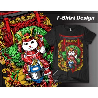 เสื้อยืดผ้าฝ้ายพิมพ์ลายแฟชั่น เสื้อยืด พิมพ์ลาย Cat Samurai Vector สําหรับผู้ชาย และผู้หญิง