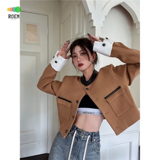 Nini Autumn New Product · Shoulder stand collar contrast color stitching woolen short coat coat long sleeve loose button design sense