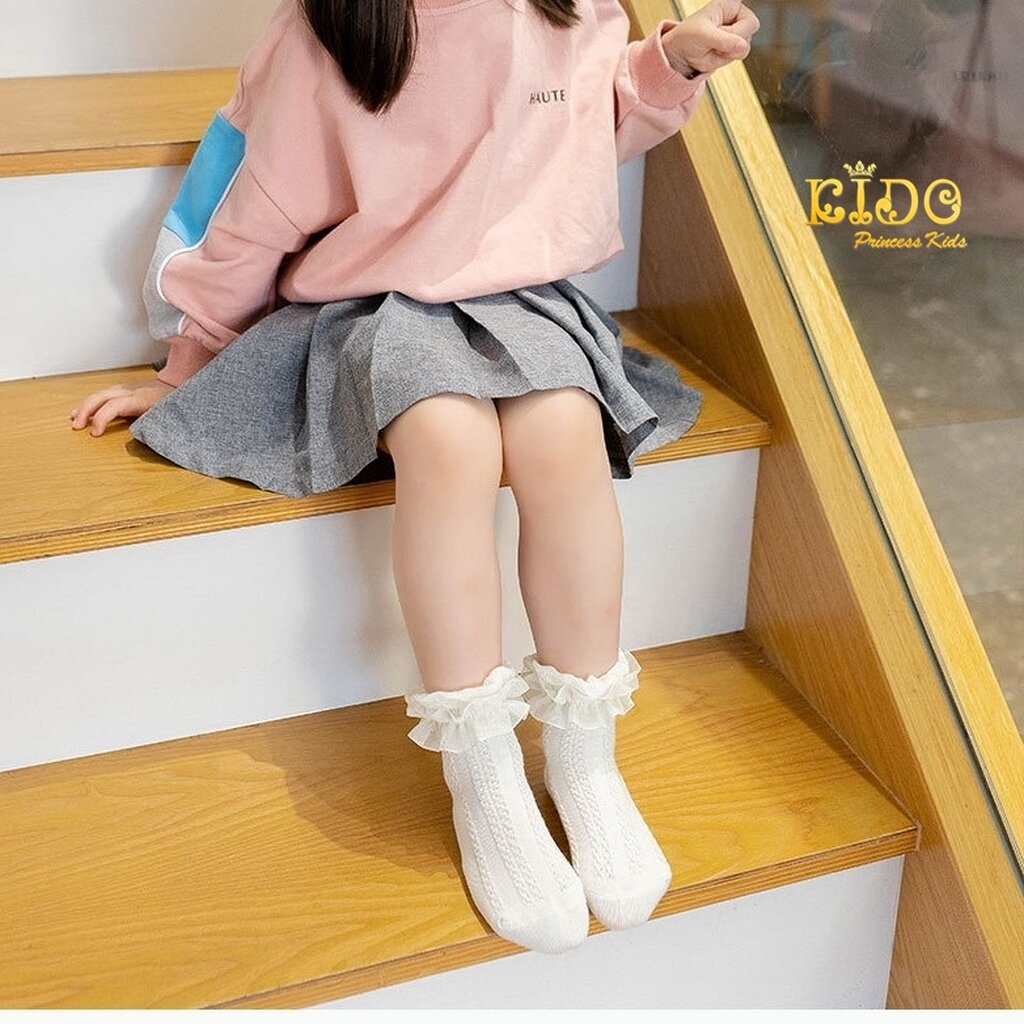 Kidoprincesskids ถุงเท้าเด็ก (ร้านอยู่รัชดา)ถุงเท้าเด็กผู้หญิง S103สีขาว ข้อเท้าระบาย2ชั้นลายลูกไม้