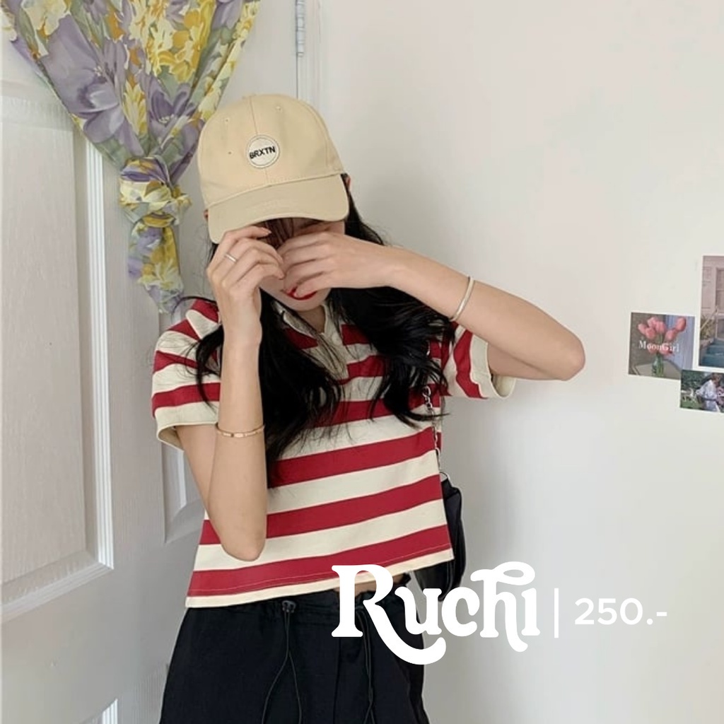 RUCHI 😍Open back เสื้อครอปคอปก ผ้าไหมพรม ผ้าไม่หนา ลายทาง ด้านหลังมีแต่งกระดุม แกะออกได้ ติดได้ มี3ส
