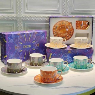 Dior starry sky coffee cup and plate set gift box 2 cups and 2 plates bone china mug for home use