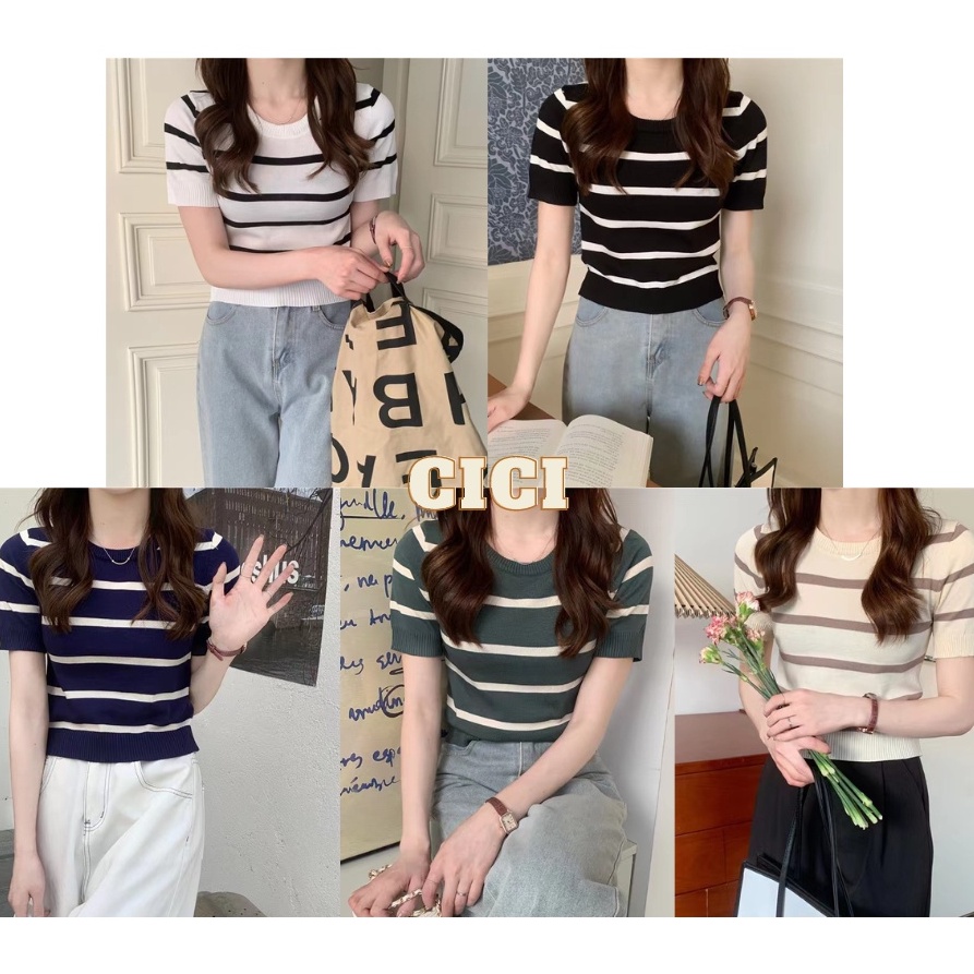 ส่งทันที Cici ❣🇹🇭🚚พร้อมส่ง❣(95020)เสื้อแขนสั้นไหมพรม คอกลม ลายทาง ทรงสวย สีมินิมอลน่ารักๆ