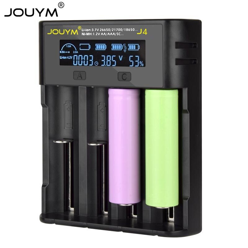 JOUMY J4 เครื่องชาร์จแบตเตอรี่ LCD ชาร์จ 18650 3.7V 18350 18500 21700 20700B 10440 26650 1.2V Ni-MH/