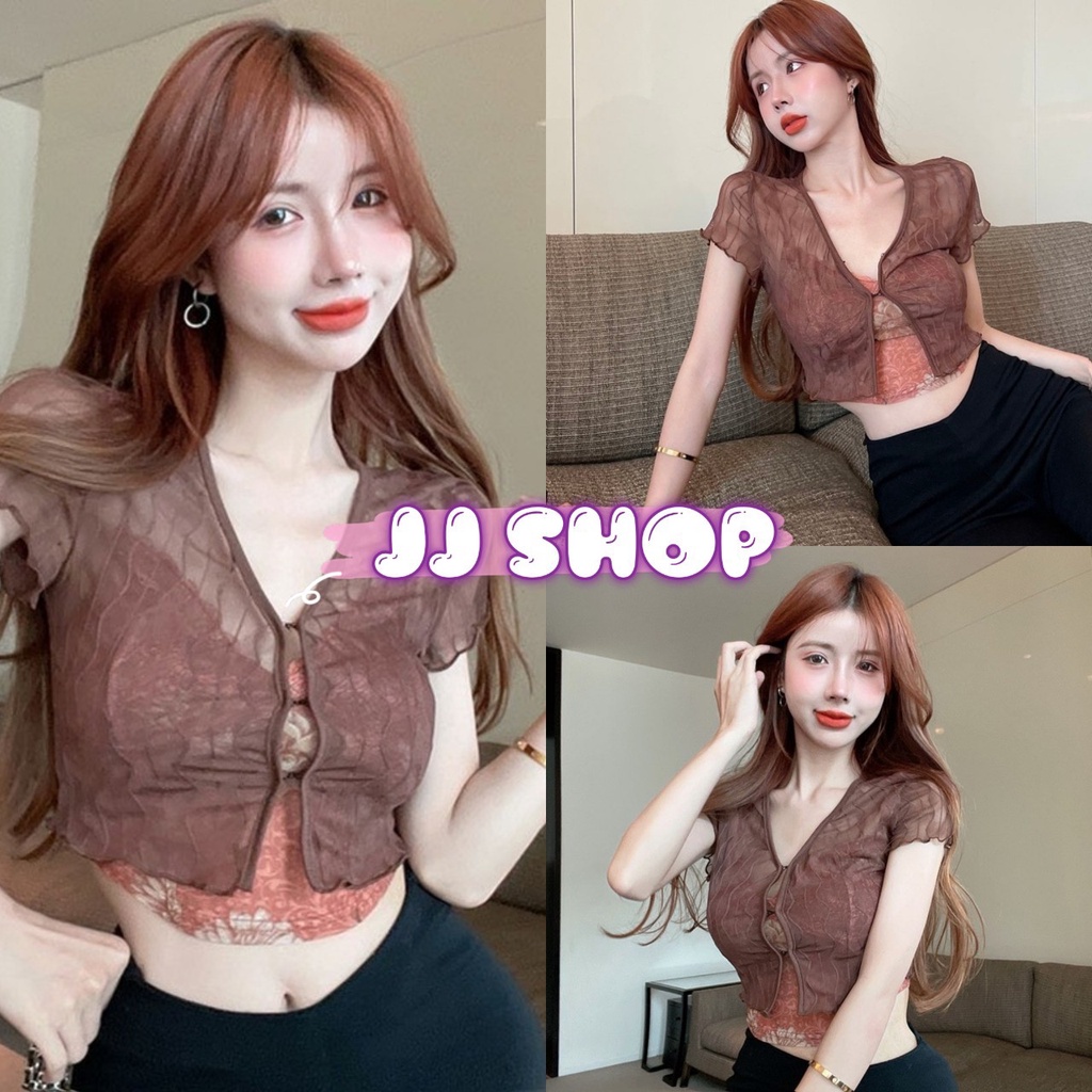JJ shop พร้อมส่ง เสื้อแขนสั้น ไหมพรมซีทรู ดีเทลลายดสื้อเก๋ๆเพิ่มความเซ็กซี่ เกี่ยวตะขอ "D16" -N