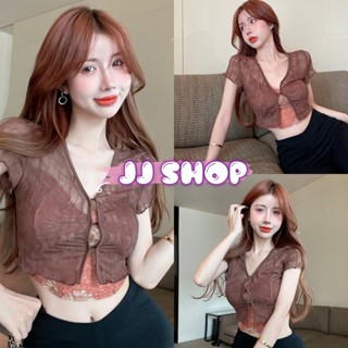 JJ shop 💜พร้อมส่ง เสื้อแขนสั้น ไหมพรมซีทรู  ดีเทลลายดสื้อเก๋ๆเพิ่มความเซ็กซี่ เกี่ยวตะขอ "D16" -N