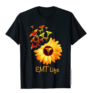 เสื้อยืด EMT ชีวิตดอกทานตะวัน Tshirt ของขวัญพยาบาลน่ารักส่วนลดผู้ชายเสื้อยืดผ้าฝ้ายท็อปส์ซูเสื้อถนนสูง