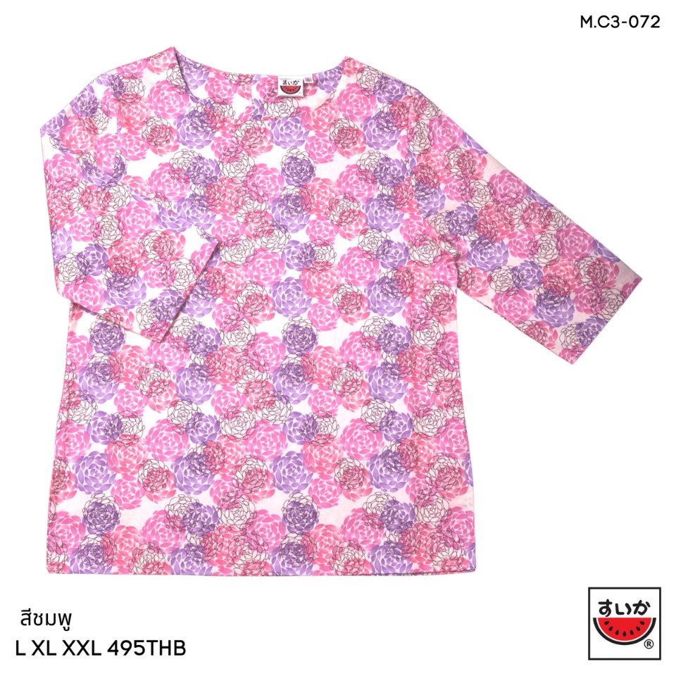 เสื้อแตงโม (SUIKA) - เสื้อผ้าป่านมัสลิน คอปาดกระดุมหลัง 3 เม็ด แขนสามส่วน ลายดอกไม้ (M.C3-072)