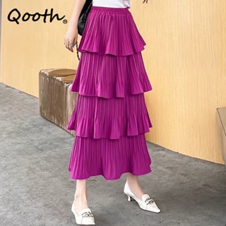 Qooth Spring Summer Women Fashion Layered High-waisted Pleated Skirts Vintage Casual Solid Color Cake Skirt QT1683