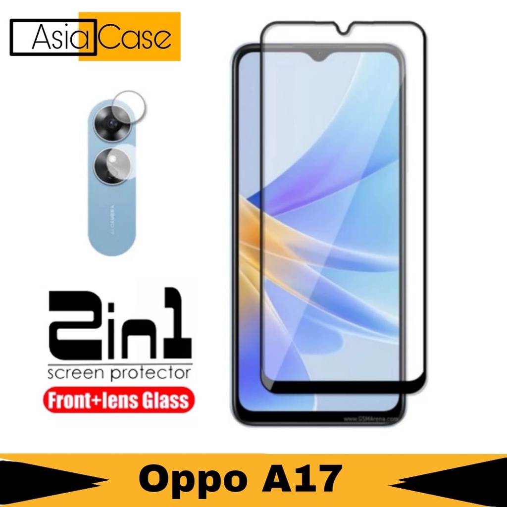 แพ็คเกจกระจกนิรภัย 2-in-1 สําหรับ oppo A17 2022 คลุมทั้งหมดพร้อมเลนส์กล้อง Bonus