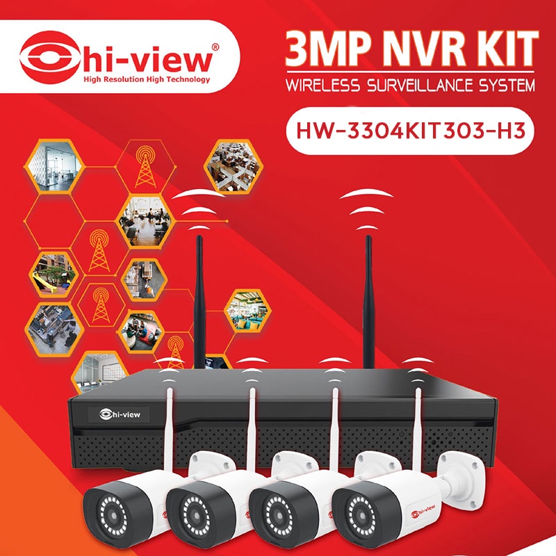 Hi-view IP Camera WiFi HD 3MP รุ่น HW-3304KIT303-H3 (4 ตัว) รุ่นใหม่ล่าสุด บันทึกเสียงได้