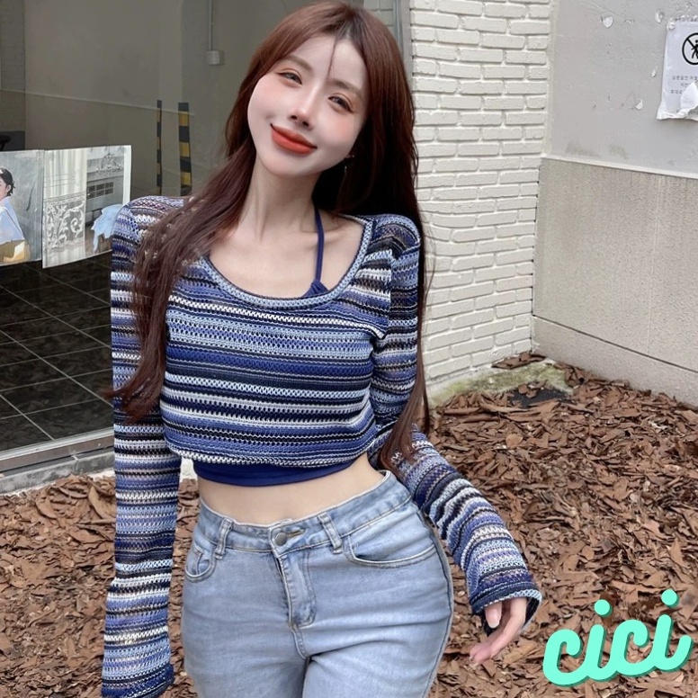 ส่งทันที Cici ❣🇹🇭🚚พร้อมส่ง❣(J256) Set 2ชิ้น สายเดี่ยวคล้องคอ+เสื้อคลุมแขนยาวลายทางจับแมทซ์ได้ง่ายๆไม่มีเอ้าท์