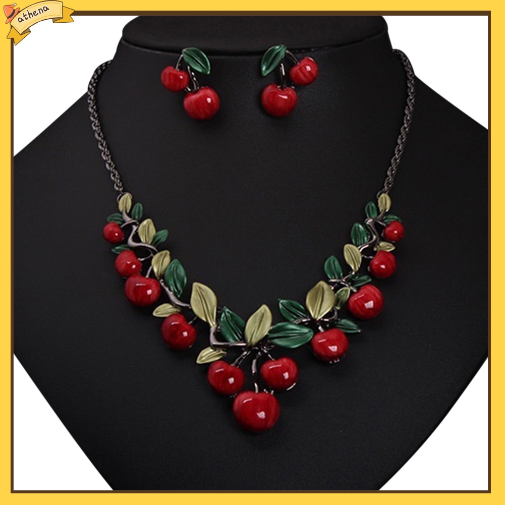 【Athena】 ชุดเครื่องประดับ สร้อยคอ ต่างหูจี้เชอร์รี่แดง สไตล์วินเทจ สำหรับผู้หญิง ราคา ถูกที่สุด ดีลบีเคเค แกลเลอรีภาพที่ 5