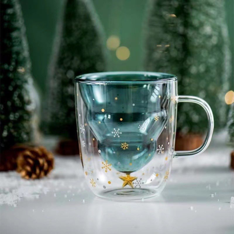 พร้อมส่ง   แก้วน้ำลายคริสต์มาส double wall glass Christmas ของขวัญปีใหม่ แก้วคริสมาสต์