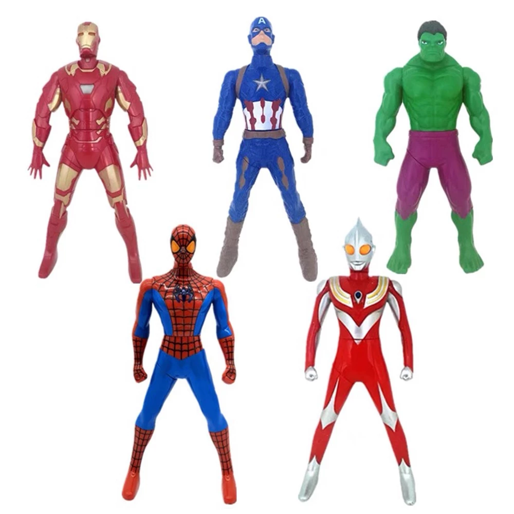 ของเล่น Avengers Spiderman Hulk อุลตร้าแมน ที่กดด้วยมืออย่างสนุกสนาน ฟิกเกอร์แอคชั่นซูเปอร์ฮีโร่หมุนได้ 360°