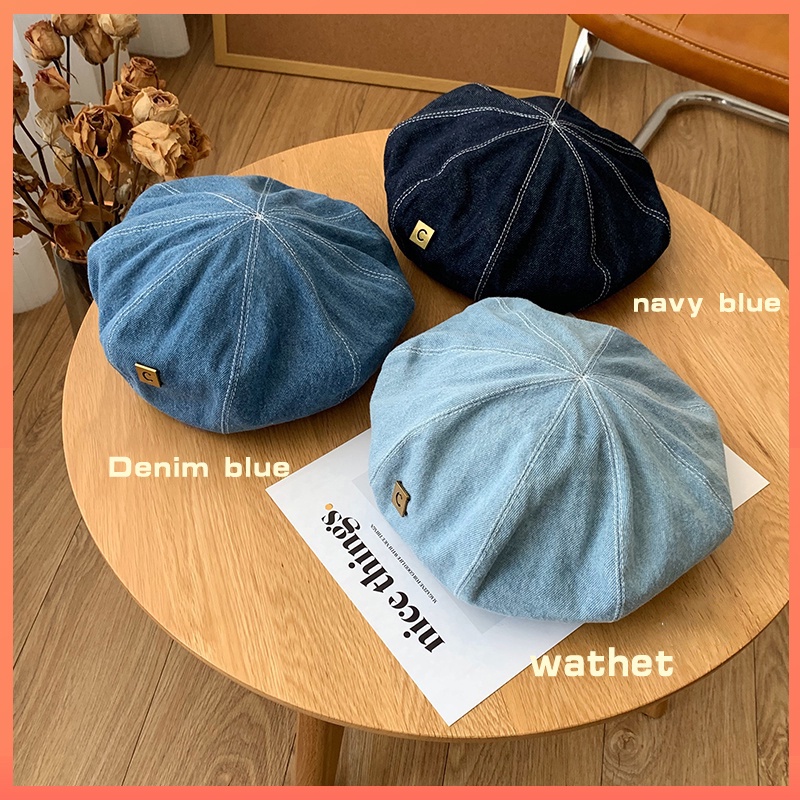 (In stock) หมวกเบเร่ต์คาวบอยเกาหลีสไตล์คาวบอยสีฟ้าหัวกลมสำหรับผู้หญิง