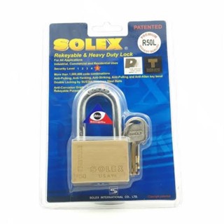 กุญแจคล้อง SOLEX (โซเล็กซ์) รุ่น R50L แบบตั้งกุญแจใหม่ได้ คอยาว ขนาด 50 มม. ผลิตจากทองเหลืองอย่างดี