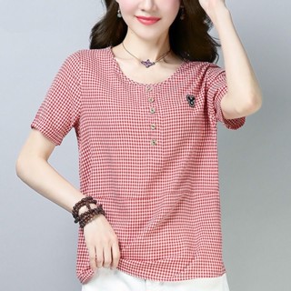 เสื้อลายสก๊อตเล็กเสื้อผู้หญิงแขนสั้น สไตล์เกาหลีพร้อมจัดส่ง