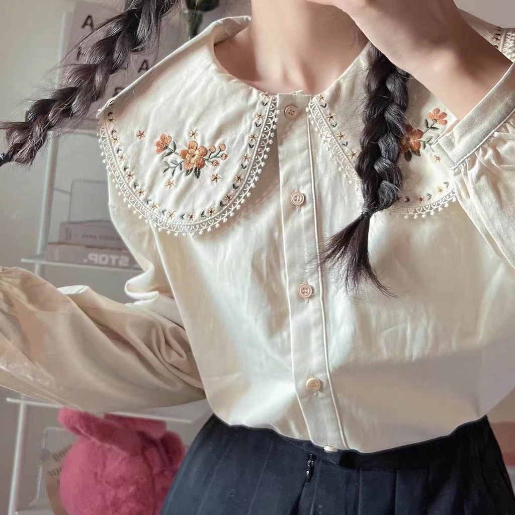 เสื้อเชิ้ตแขนยาว คอตุ๊กตา เอวแคบ สไตล์หวาน แฟชั่นฤดูใบไม้ร่วง สําหรับผู้หญิง 2023