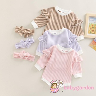 Babygarden-0-18 เดือน ชุดรอมเปอร์ แขนยาว ลายทาง แต่งระบาย + ที่คาดผม สําหรับเด็กผู้หญิง