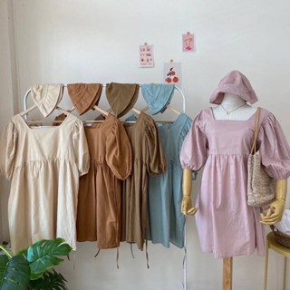 BM0408 MOLY MOLY DRESS มี7สี เดรสคอเหลี่ยมแขนบอลลูน แถมฟรีหมวก เดรสไปคาเฟ่