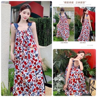 Red Blue Flora Maxi แมกซี่แขนกุดลายดอกแดงกรมป้าย YPY
