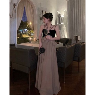 {พร้อมส่ง} Long dress party ชุดเดรสกระโปรง สายเดี่ยวสีดำผูกคอ