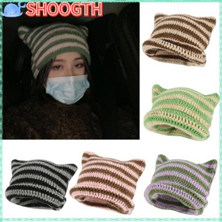 SHOOGTH Japanese Beanie Hat Unisex Cute Cat Ears Womens Hats Autumn Winter Striped