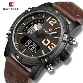 Naviforce 9095 Jam Tangan Lelaki นาฬิกาข้อมือดิจิทัล ควอตซ์ สายหนัง กันน้ํา สําหรับผู้ชาย