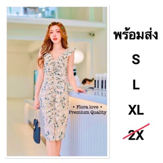 🌸งานป้าย Flora love🌸 งานป้ายสาวอวบ เดรสคอวีแขนกุดแต่งระบายยาว งานปักดอกเดซี่ซิปหลัง ทรงสวย