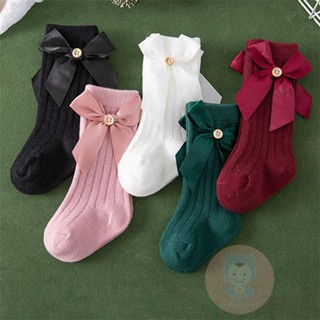 LAA6-Girl Ribbed Socks Pair, Toddler Elastic Cuff Solid Color Bow Decor Middle Length Baby Sockings