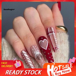 Han  1 Set Faux Nails Christmas Style Love Heart Printed Long Fake Nails Set Ultra-Thin