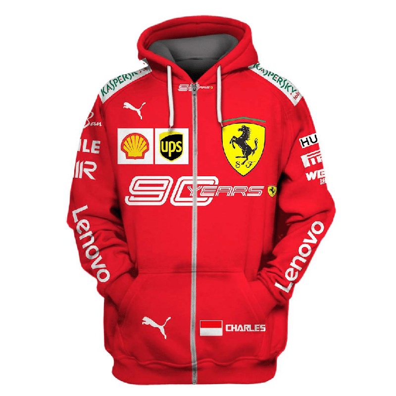 เสื้อแจ็กเก็ตกันหนาว แต่งซิป พิมพ์ลายรถยนต์ Ferrari F1 Formula Santander Spain United สําหรับผู้ชาย